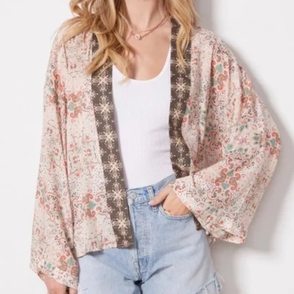 Michael Stars Wide Sleeve Paisley Kimono Bohemian Cover Up Festival One Size - Picture 1 of 7